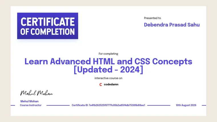 Learn Advanced HTML and CSS Concepts certificate from codedamn