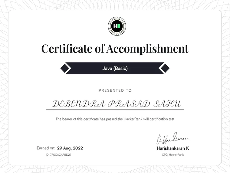 Java (Basic) certificate from HackerRank